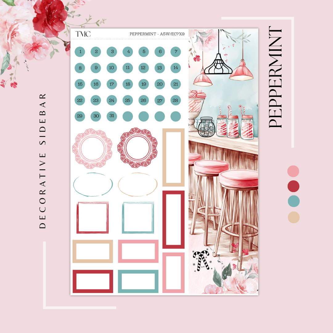 Peppermint -  Silver Foiled December Monthly Planner Sticker Kit