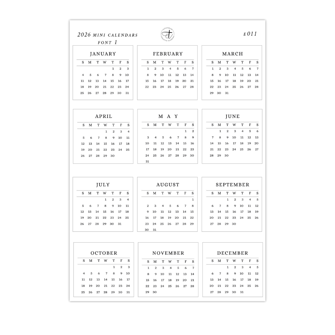 E011 - 2026 Mini Calendars Font 1