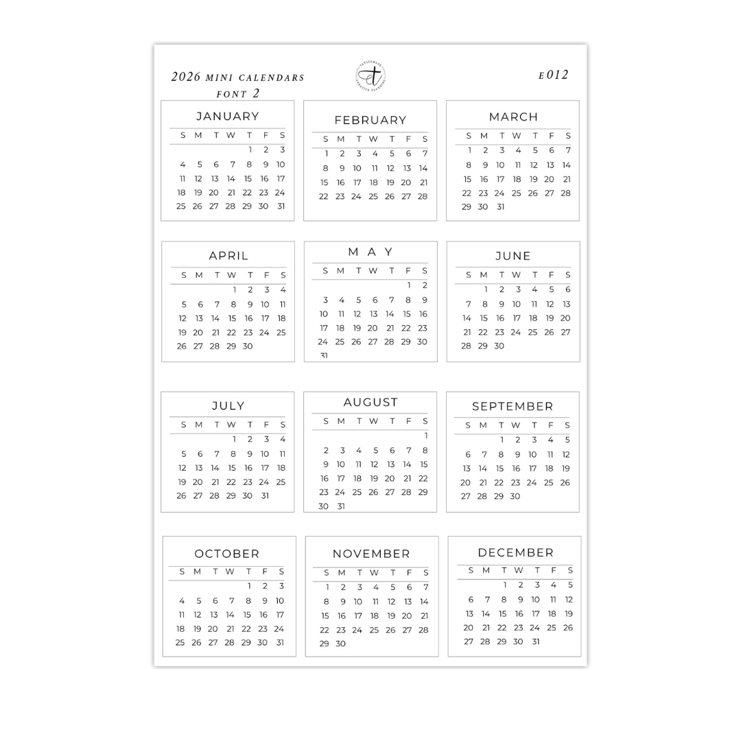 E012 - 2026 Mini Calendars Font 2
