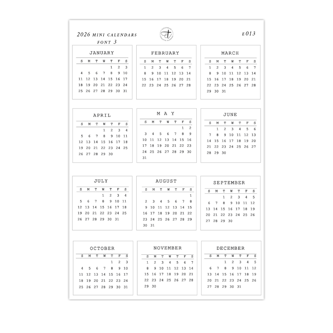 E013 - 2026 Mini Calendars Font 3