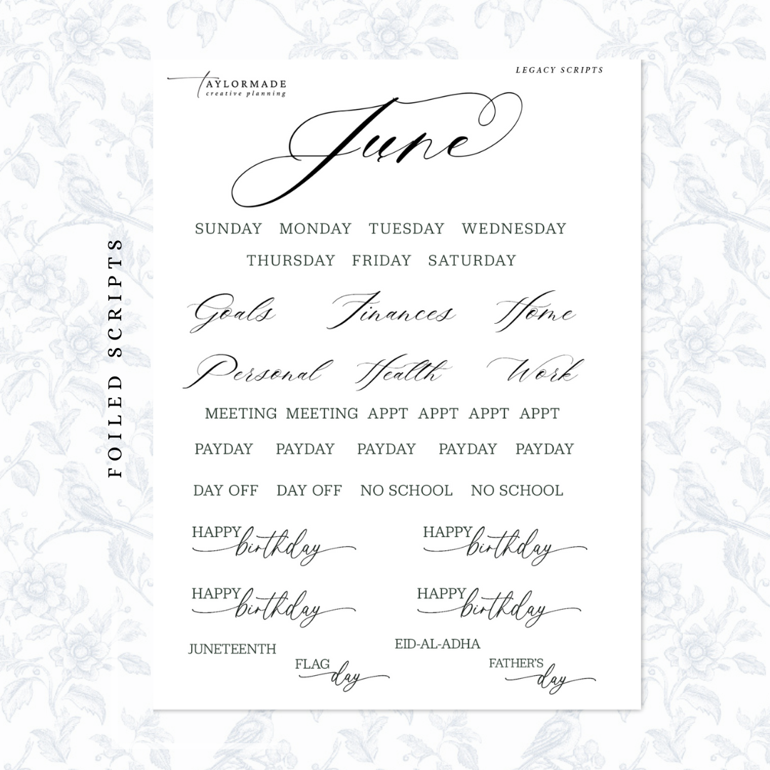 Legacy -  Light Gold Foiled June Monthly Planner Sticker Kit (A5W/7x9 Planners)