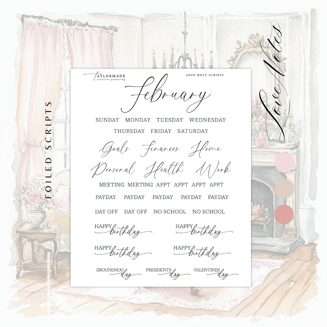 Love Notes -  Rose Gold Foiled February Monthly Planner Sticker Kit