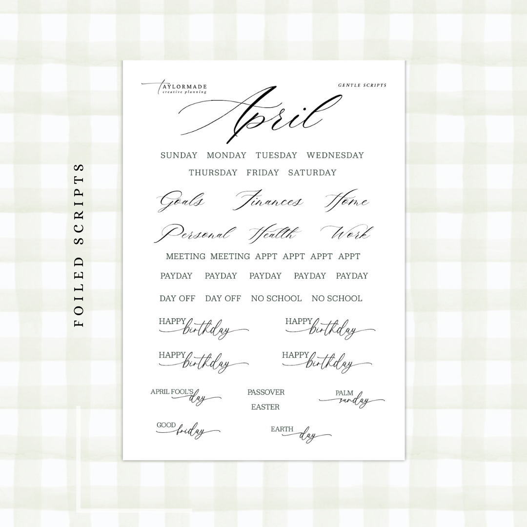 Gentle - Silver Foiled April Monthly Planner Sticker Kit (7x9 Narrow)