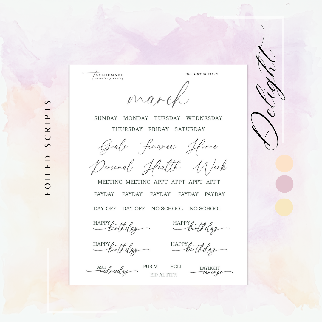 Delight - Gold Foiled March Monthly Planner Sticker Kit (A5W/7x9 Planners)